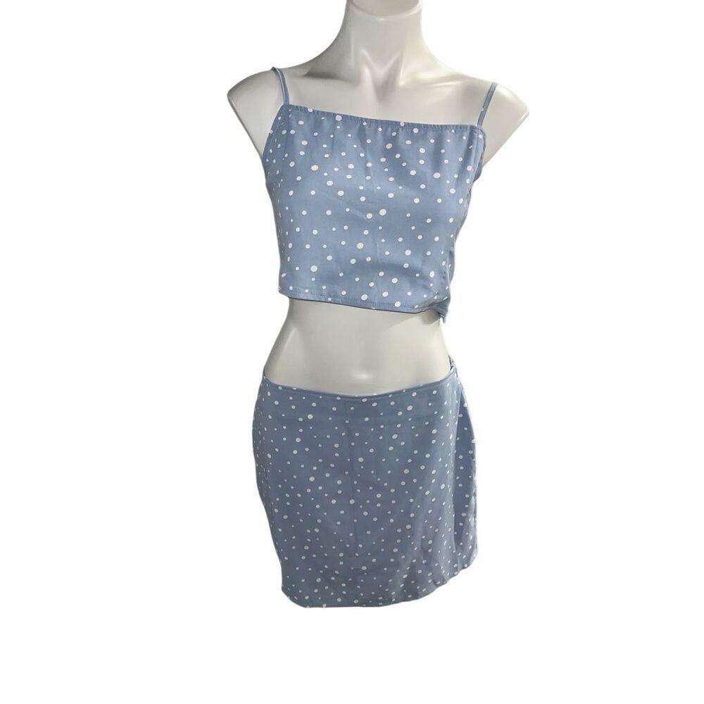 Blue and white polka dot top and skirt size medium
